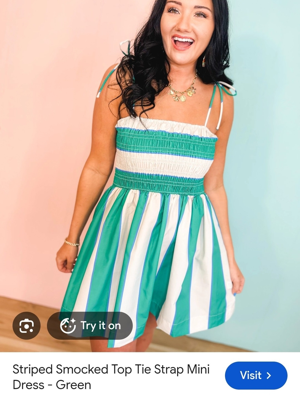 Womens Green & White Stripe Dress